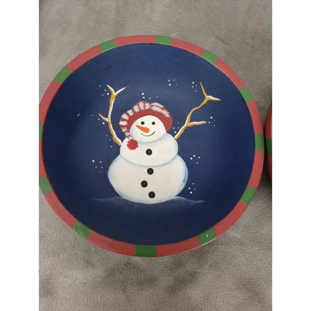 Set of 2 Country Primitive Snowman Bowls Wooden Farmhouse Christmas Bowls‎